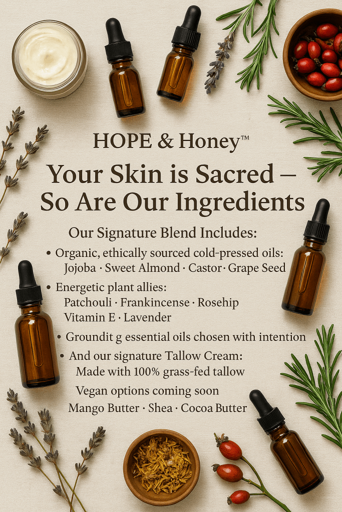 The Sacred Line

For the gentle soul, the inflamed body, and the human who needs calm in their skin and spirit

Some products are created for beauty.
The Sacred Line was created for healing.

This line exists because too many people live inside bodies that feel inflamed, sensitive, overwhelmed, or misunderstood. Sacred was made for those who need softness — not stimulation. Gentleness — not fragrance overload. Nourishment — not harsh formulas.

If Wild Soul awakens your fire,
Sacred brings you home to peace.

⸻

💛 Sacred Ingredients: The Skin-Healing Trinity

✦ Tamanu Oil — The Protector & Repairer

One of the most anti-inflammatory oils on earth.
Helps with scars, eczema, psoriasis, acne-prone skin, and inflamed tissue.
Energetically: Tamanu seals energetic leaks and protects empathic boundaries.

✦ Pumpkin Seed Oil — The Strength Builder

High in zinc, Vitamin E, and essential fatty acids.
Repairs thin or damaged skin, supports elasticity, and reduces inflammation.
Energetically: Builds emotional resilience where the soul feels depleted.

✦ Carrot Seed Oil — The Rejuvenator

Brightens skin tone, renews texture, and supports elasticity with gentle natural compounds.
Energetically: Supports the solar plexus — empowerment, courage, and clarity.

✦ Mango Butter + Tallow — The Healing Base

This duo repairs the skin barrier and soothes raw, reactive, or inflamed skin.
Perfect for autoimmune warriors or those with chronic dryness.

⸻

🌙 Sacred’s Purpose: Calm. Restore. Rebuild.

Sacred was created for humans who have walked through fire and are learning to soften again.
It’s the balm you use on days when your skin feels like it’s echoing your emotions.

⸻

✨ Which Sacred Product Do You Need?

Sacred Calm

For stress, anxiety, inflamed skin, and nervous-system exhaustion.
Lavender, vetiver, and cedar soothe the mind and skin at once.

Vein Eraser

For circulation support, visible veins, and leg heaviness.

Sorrow Soothe

For grief-held-in-the-body — especially around the chest and neck.

Autoimmune Support Blend

For inflammation-prone, reactive skin.

Sacred Smooth (Hair Diminisher)

A gentle, effective oil for softening and slowing unwanted hair growth.

⸻

🛒 Experience the Sacred Line

Shop plant medicine for the skin, created with intention and intuitive wisdom:

→ Sacred Calm
→ Sorrow Soothe
→ Sacred Smooth
→ Autoimmune Support

Your skin deserves a sanctuary. Let Sacred be yours.
