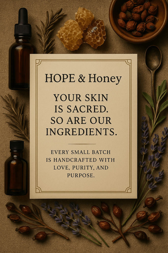 🌿 THE WILD SOUL LINE

Unapologetic. Free. Untamed nourishment for the human who feels deeply.

The Wild Soul line is your primal return — oils and creams crafted for the woman (or man) who lives with their heart outside their body. These formulations honor sensitivity, empathy, intuition, and the craving to feel safe in your own skin.

Core Ingredients & Their Benefits:

✦ Mango Butter

Deeply moisturizing, non-comedogenic, loaded with Vitamins A, C & E.
Nourishes cracked skin, restores elasticity, smooths fine lines.
(Energetically: softens emotional armor and brings comfort.)

✦ Grass-Fed Tallow

Rich in skin-identical lipids and fatty acids. Rebuilds the skin barrier, heals dryness, reduces inflammation.
(Energetically: grounding, stabilizing, perfect for empaths who absorb too much.)

✦ Jojoba Oil

Balances oil production, calms breakouts, mimics your skin’s natural sebum.
(Energetically: harmonizes energy, brings emotional balance.)

✦ Rosehip Oil

A natural retinol source with Vitamin C — brightens, heals scars, supports collagen.
(Energetically: opens the heart chakra, softens grief held in the skin.)

✦ Wild Soul Fragrance Notes

(Choose depending on your version — 1.0, 2.0, etc.)
Sweet florals, playful citrus, quiet woods — each blend feels like summer wind and freedom.

⸻

🕊️ THE SACRED LINE

Calming. Restorative. Created for the gentle souls and sensitive bodies.

The Sacred line is your sanctuary — crafted for autoimmune warriors, those with inflammation, those sensitive to the world, those who need softness instead of stimulation.

These are your “healing-first” formulas.

Core Ingredients & Their Benefits:

✦ Tamanu Oil

Anti-inflammatory, deeply healing for scars, eczema, and inflamed skin.
(Energetically: protector oil; seals leaks in the aura.)

✦ Pumpkin Seed Oil

High in zinc and Vitamin E; improves collagen, repairs thin or fragile skin.
(Energetically: builds strength where the soul feels depleted.)

✦ Carrot Seed Oil

Brightens, renews, and supports elasticity without irritation.
(Energetically: solar plexus support — empowerment & clarity.)

✦ Mango Butter + Tallow Base

The perfect pairing for repairing damaged skin barriers and soothing inflamed tissue.

✦ Sacred Calm Fragrance Profile

Vetiver (grounding), Cedar (protection), Lavender (nervous system reset).
These blends feel like breathwork for the skin.

✦ Included Products

– Sacred Calm (inflammation + anxiety support)
– Vein Eraser (circulation + spider vein care)
– Sorrow Soothe (emotional + skin healing blend)
– Autoimmune Support
– Sacred Smooth Hair Diminisher

⸻

✨ THE GOLDEN NECTAR LINE

Radiance. Youth. Light. The luxury nectar of the HOPE & Honey™ apothecary.

Golden Nectar is the glow line — made for radiance, brightness, and energetically lifting your frequency. These are your “sun-kissed” creations, made to revive dull skin and encourage a natural, lit-from-within glow.

Core Ingredients & Their Benefits:

✦ Mango Butter

Plumps, softens, deeply hydrates.

✦ Squalane or Jojoba (depending on final recipe)

Balances, smooths, brightens tone.

✦ Rosehip & Sea Buckthorn Oils

Anti-aging powerhouses; rich in Omega-7, Vitamin C, and carotenoids.
(Energetically: awakens the inner light.)

✦ Golden Nectar Scent Notes

Warm vanilla, floral honey tones, hints of citrus or blossom — depending on your version.
Smells like a day spent healing in sunlight.

✦ What Golden Nectar Does

– Restores radiance
– Reduces the appearance of fine lines
– Evens texture
– Gives a “sun veil” glow
– Energetically raises your frequency to warmth & optimism
